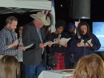 Groups of 4 assembled to read from the list of all 1397 murdered or kidnapped on October 7