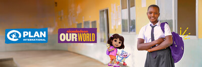 A young girl proudly wearing a purple backpack stands alongside animated characters Dora the Explorer and Boots, symbolizing the journey toward education. Plan International and Paramount have partnered to empower girls worldwide through a global campaign promoting girls' access to education and gender equality. Learn more at www.planusa.org/dora.