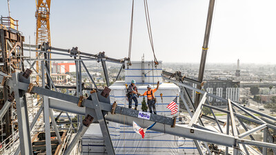 The California Science Center reached a major milestone in construction of the future Samuel Oschin Air and Space Center today with a ceremonial topping out celebration.