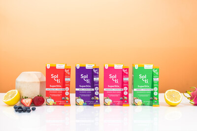 Sol-ti SuperStix - Organic SuperFood Hydration, Freeze-Dried Coconut Water and Ocean Minerals for Natural Electrolytes - Strawberry Lemon Electrolytes, Blueberry Lemon Skin, Dragonfruit Lemon Digestion and Chlorophyll Lemon Greens (L to R)