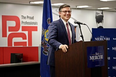 Speaker of the House Mike Johnson addresses the crowd at PGT Trucking headquarters in Aliquippa, PA.