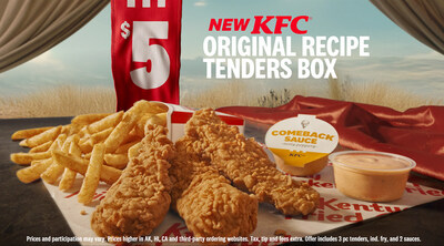 Today, the chicken tenders battle begins as KFC introduces new Original Recipe® Tenders – a tender so juicy, so crispy, and so packed with flavor. KFC’s new Original Recipe Tenders are not like other chicken tenders – they are double hand-breaded, using KFC’s legendary secret blend of 11 herbs and spices and fried to golden perfection. For just <money>$5</money> customers can get an Original Recipe Tenders Box with three KFC Original Recipe Tenders, Secret Recipe Fries and two of KFC’s signature sauces.