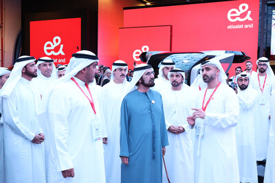 CEO of e& UAE, Masood M. Sharif Mahmood, and CEO of e& life and e& international Khalifa Al Shamsi, with His Highness Sheikh Mohammed bin Rashid Al Maktoum, Vice President and Prime Minister of the United Arab Emirates and Ruler of Dubai at GITEX Global