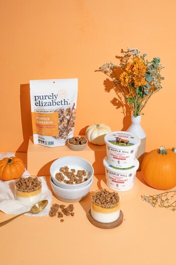 Maple Hill partners with Purely Elizabeth to fuel busy routines this fall with Maple Hill's 100% grass-fed organic yogurt and Purely Elizabeth's Pumpkin Cinnamon Granola.