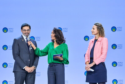 Anil Soni, CEO of the WHO Foundation (left), is joined on stage by Vanina Laurent-Ledru (far right), Director General at Foundation S – The Sanofi Collective, during the World Health Summit Pledging Event in Berlin.  Photo Credit: World Health Summit (PRNewsfoto/WHO Foundation)