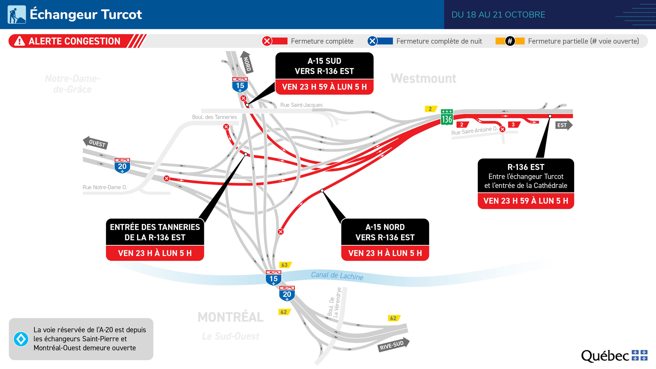 Fermeture complète de l'autoroute Ville-Marie en direction est le week-end prochain.