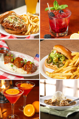 Enjoy Ted's new Chef Features and menu items including (from left to right): Hot Honey Fried Chicken Sandwich, Blackberry Smash, Bourbon Bison Meatballs, Chicken Green and Hot Sandwich, Autumn Spiced Sour Martini, and a seasonal favorite – Apple Pecan Crisp.