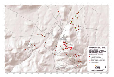 Figure 1. Red dots indicate Nevada King approved drill pad locations, while red lines show new road cuts that have been approval to be built. (CNW Group/Nevada King Gold Corp.)