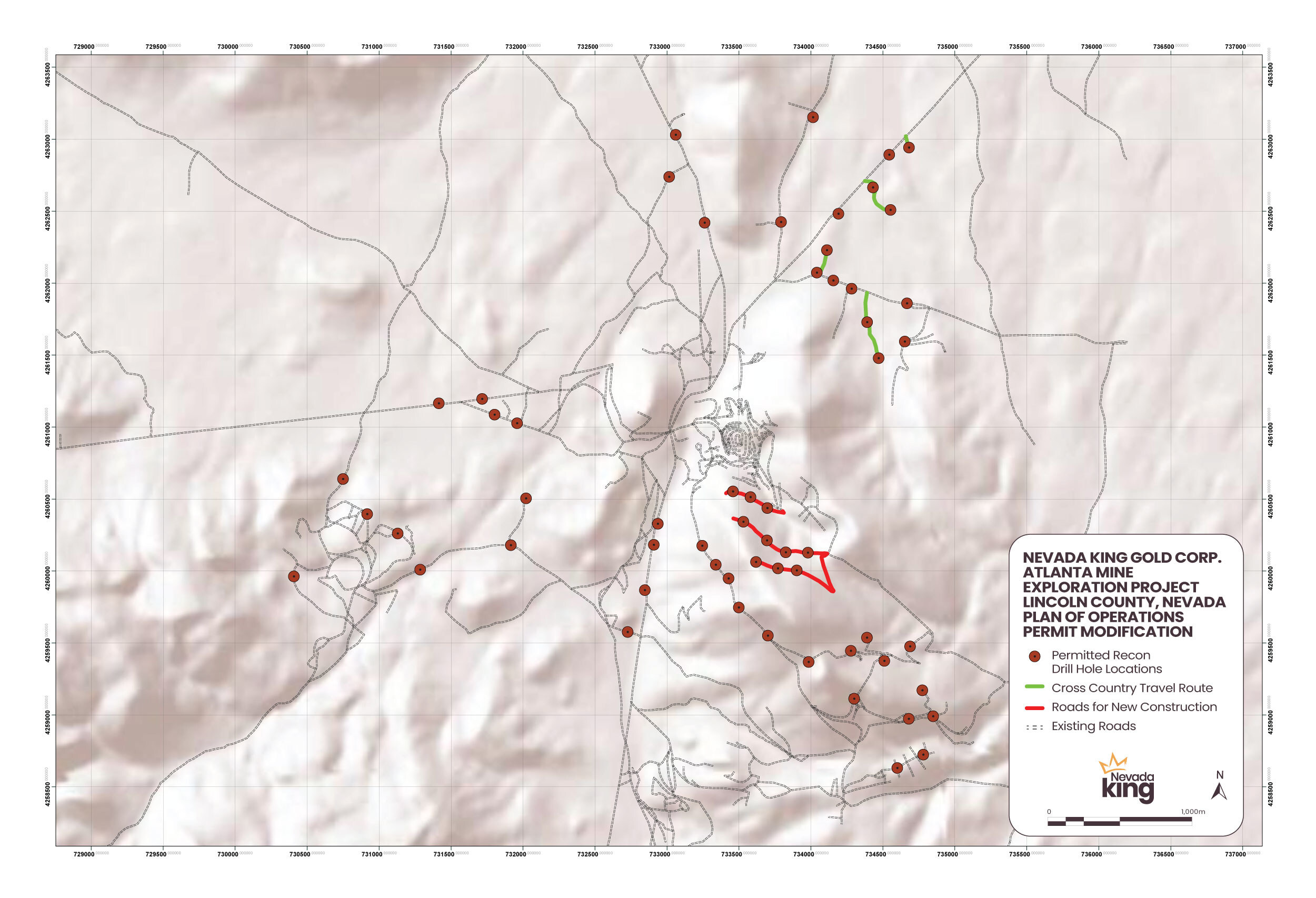 Figure 1. Red dots indicate Nevada King approved drill pad locations, while red lines show new road cuts that have been approval to be built. (CNW Group/Nevada King Gold Corp.) Figure 1. Red dots indicate Nevada King approved drill pad locations, while red lines show new road cuts that have been approval to be built. (CNW Group/Nevada King Gold Corp.)
