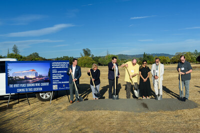 Chairman of Landmark Hotels Inc Chuck Sweeney starts the Hyatt Place Sonoma Wine Country groundbreaking ceremony watched on by (from left) Declan Mc Carthy, Landmark VP Development, Claudia Vecchio, President &CEO of Sonoma County Tourism, Thomas Alviso, Hyatt Director of Franchise Performance, Dr Ketan C Mehta, Founder of Neilmed Pharmaceuticals and his daughter Alicia, and Landmark President Shawn Sweeney.