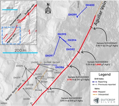 Figure 1. The Aguilar vein system plan view shows drill holes reported in this release (Table 1), previous drilling, and channel samples previously reported and reported in this release (Table 2). (CNW Group/Outcrop Silver & Gold Corporation)