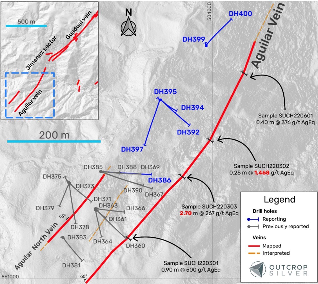 Figure 1. The Aguilar vein system plan view shows drill holes reported in this release (Table 1), previous drilling, and channel samples previously reported and reported in this release (Table 2). (CNW Group/Outcrop Silver & Gold Corporation) Figure 1. The Aguilar vein system plan view shows drill holes reported in this release (Table 1), previous drilling, and channel samples previously reported and reported in this release (Table 2). (CNW Group/Outcrop Silver & Gold Corporation)