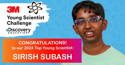 Sirish Subash, a 9th grader at Gwinnett School of Mathematics, Science, and Technology in Snellville, Georgia, is the winner of the 2024 3M Young Scientist Challenge, the nation’s premier middle school science competition.