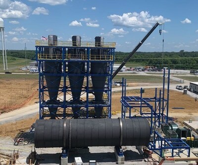 IAC OEM Industrial Rotary Dryers and Cyclone Dust Collector stacks for drying biomass being installed on the job site in Columbus, MS by IAC's wholly owned subsidiary, Adelphi Construction LC.