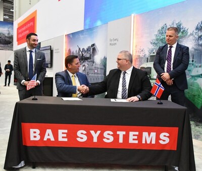 Executives from BAE Systems and Kongsberg signed a teaming agreement on Oct. 16, 2024, to bring a transformational battlefield situational awareness tool to the U.S. defense market for combat vehicles. Pictured L-R: Garrett Lacaillade and Andy Corea, BAE Systems; Kjetil R. Myhra and Jorgen Andreas, Kongsberg.