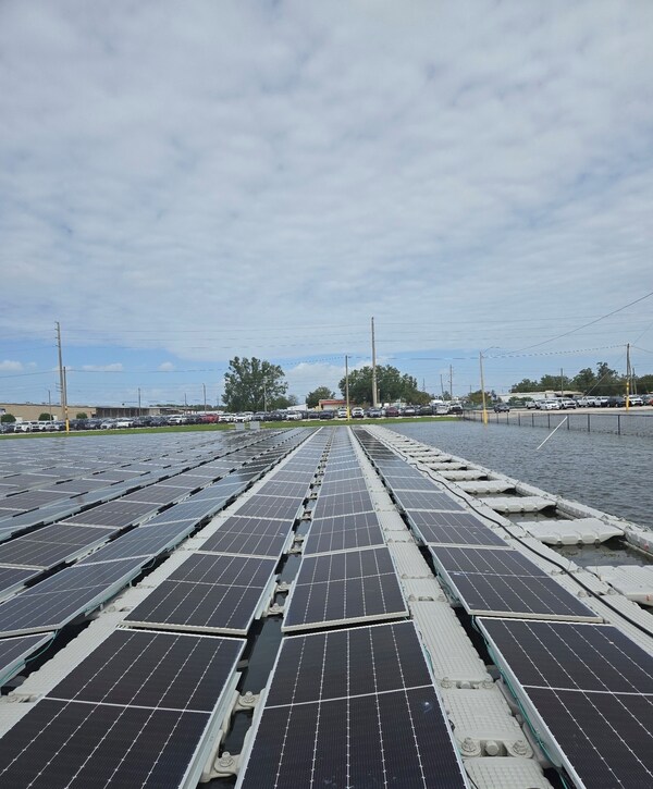 Post-Hurricane Milton: D3Energy's floating solar system amid a flooded parking lot in Orlando