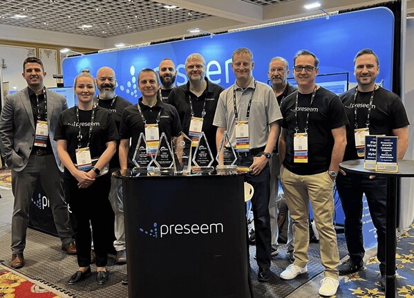 Members of the Preseem Team pose with our five WISPA Service of the Year awards at WISPAPALOOZA 2024 in Las Vegas.