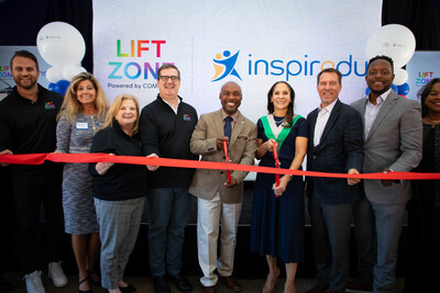 Ribbon cutting at Comcast’s first Flagship Lift Zone at Inspiredu in Atlanta - (L-R) Raymond Smeriglio, Comcast; Bridget Thorne, Fulton County Commissioner; Melinda Little, Comcast South, VP Government Affairs; Mike McArdle, Comcast South, Regional Senior Vice President; Richard Hicks, Inspiredu, CEO & President; Loren Hudson, Comcast SVP & Chief Diversity Officer; Doug Shipman, President of City Council of Atlanta; Courtney English, Senior Chief Policy Officer & Senior Advisor to Mayor of Atlanta Andre Dickens