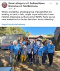 A recent Facebook post shares a picture of Hope Force Reservists with a homeowner impacted by Hurricane Helene.