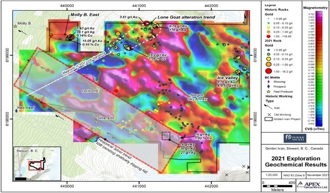 Figure 1. Golden Ivan Project 2021 Surface Rock Assay Results