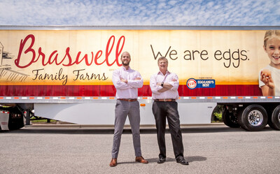 Scott and Trey Braswell, 3rd and 4th generation of leadership at Braswell Family Farms, standing together. A father and son continuing the mission to feed both the body and the soul while building eternal relationships for God’s glory, providing value-added feed and egg solutions for American families and farms. 1 Corinthians 10:31: 'So whether you eat or drink or whatever you do, do it all for the glory of God.'