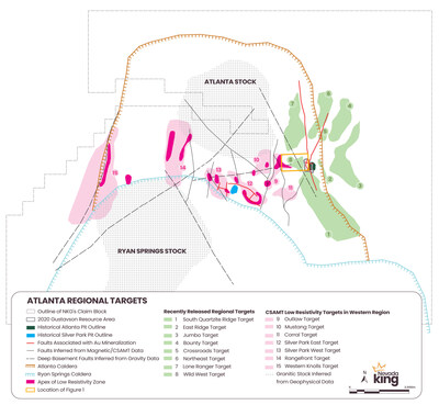 Figure 2. Location of Wild West Target (orange outline) in relation to the Company’s land position, major basement structures largely inferred from geophysical data, and exploration targets. The historical Atlanta pit and current resource zone are located immediately east of the Wild West Target. (CNW Group/Nevada King Gold Corp.)