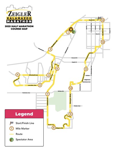 2025 Half Marathon Course for the Zeigler Kalamazoo Marathon