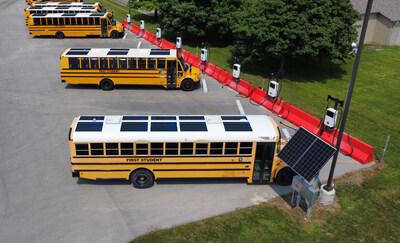 Image of First Student electric school buses featuring rooftop solar panels at a charging depot is for illustrative purposes only.