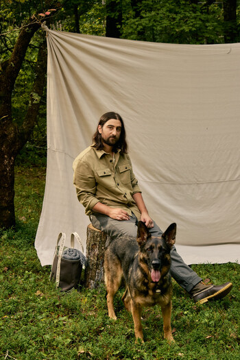 The 8-piece collection reimagines L.L.Bean’s most iconic goods in a new, muted color palette, a reflection of the world Kahan created on his breakout album, Stick Season. Notably etched into the cool blue, green, grey and tan hues are illustrations of Penny, Kahan’s beloved German Shepherd.