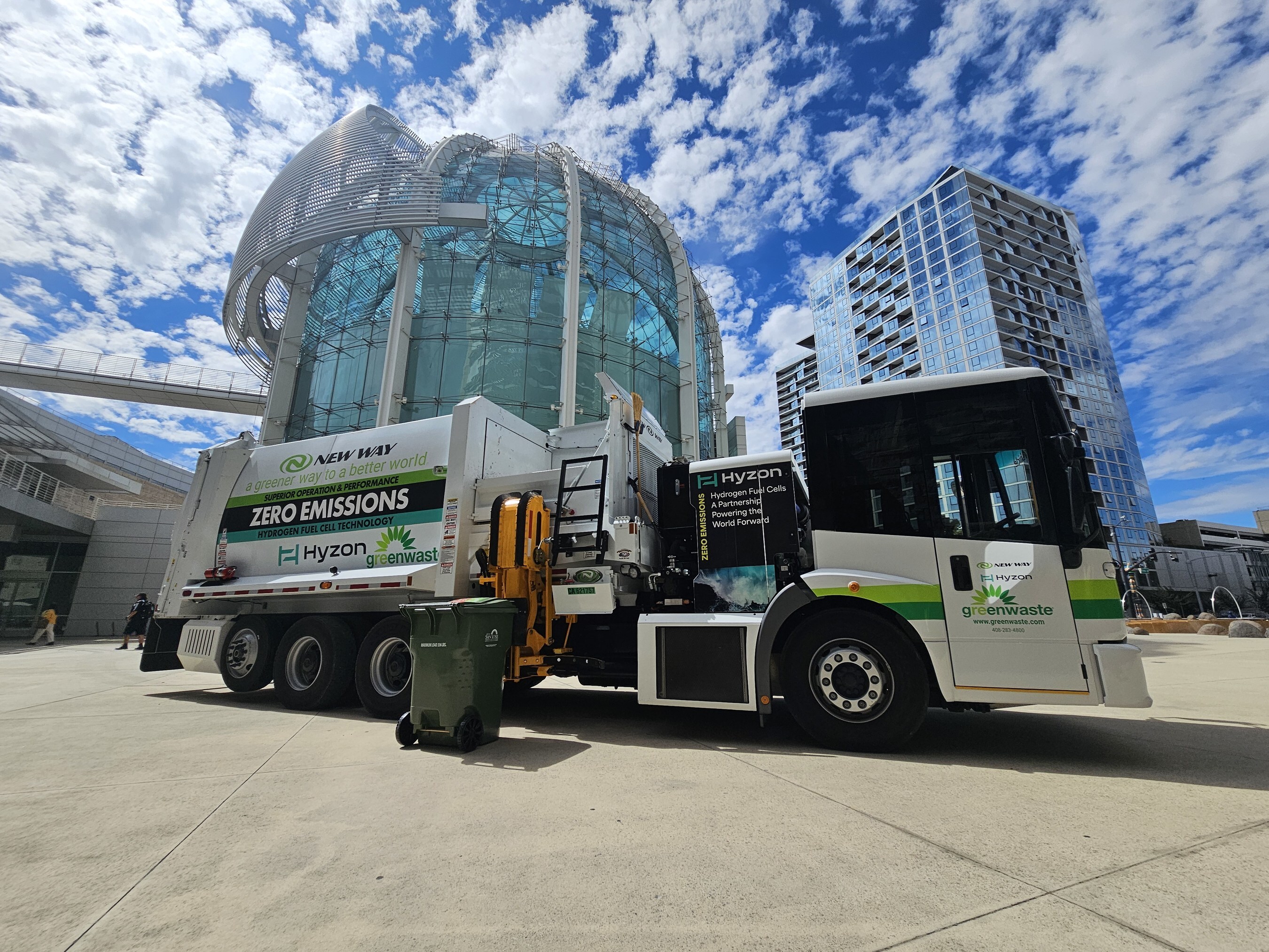 Hyzon has secured North America’s first order for hydrogen-powered fuel cell electric refuse trucks from waste industry pioneer GreenWaste. The truck, developed in partnership with New Way Trucks, is shown during its trial recently in San Jose, Calif.