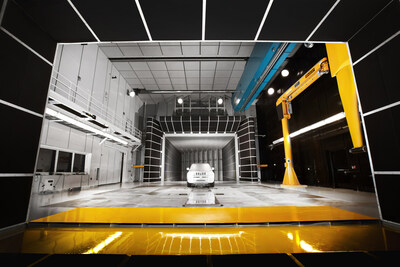 A front view of a test vehicle in the wind tunnel at Stellantis' research and technical center in Auburn Hills, Michigan, where the company recently completed installation of Moving Ground Plane (MGP) technology, a $29.5 million investment. The site will now be able to measure and reduce airflow resistance from wheels and tires, thereby improving electric-vehicle range.