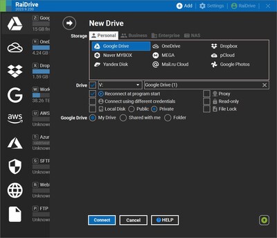 The screen for adding storage in RaiDrive for Windows.