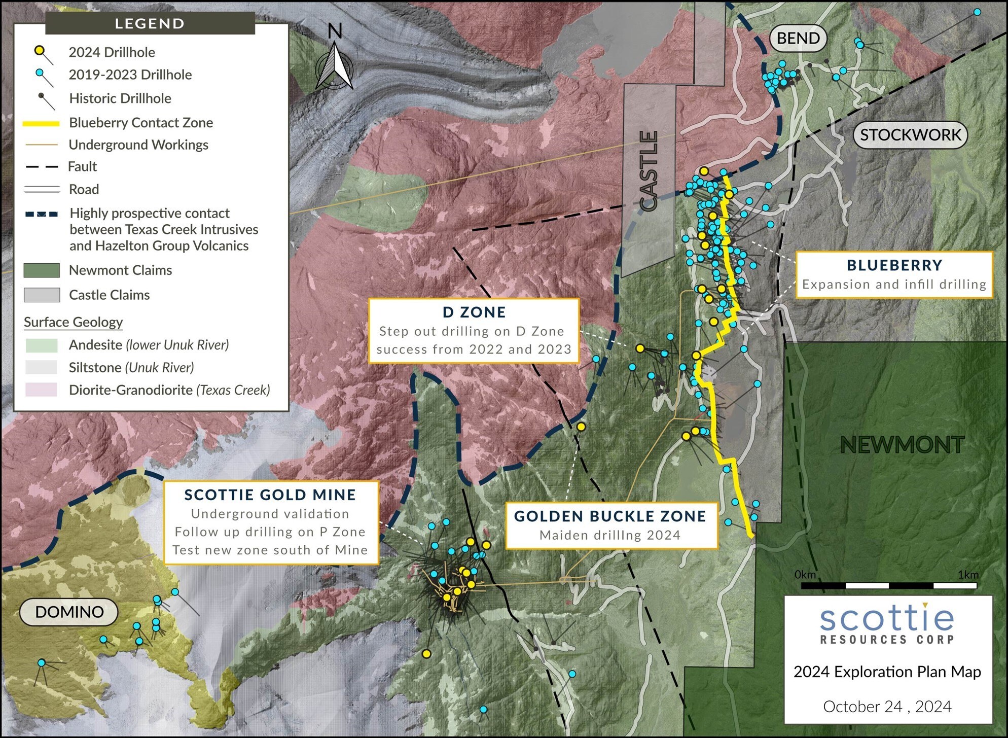 Figure 1: Overview plan view map of the Scottie Gold Mine Project, illustrating known mineralized zones along the margin of the Texas Creek intrusive, and the collars and traces of the 2024 drill holes. (CNW Group/Scottie Resources Corp.) Figure 1: Overview plan view map of the Scottie Gold Mine Project, illustrating known mineralized zones along the margin of the Texas Creek intrusive, and the collars and traces of the 2024 drill holes. (CNW Group/Scottie Resources Corp.)