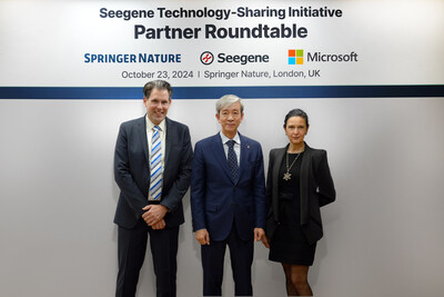 [Photo 1] ▲ From left: Marc Spenlé, COO of Springer Nature; Dr. Jong-Yoon Chun, CEO and Founder of Seegene; and Elena Bonfiglioli, Vice President of Global Business Leader Healthcare, Pharma and Life Science at Microsoft posed for a photo during Technology-Sharing Initiative Partner Roundtable in Springer Nature Campus, London, United Kingdom on October 23, 2024.