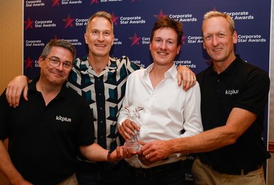 The KitPlus Auctions team celebrate winning the award for Net Zero Innovation at the Corporate Start Awards during IBC 2024. Pictured (left to right): Matthew Robbins, Matt Snow, Dan Main and Simon Tillyer