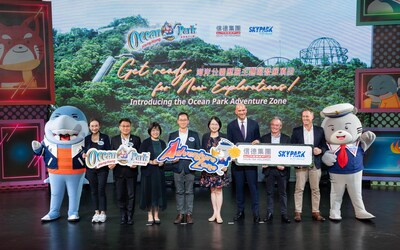 Distinguished guests at the Ocean Park Hong Kong “Adventure Zone” press announcement ceremony include (from left to right): Ms. Ysanne Chan, Deputy Chief Executive& Chief Financial Officer of Ocean Park Corporation; Mr. Ivan Wong, Chief Executive of Ocean Park Corporation; Ms Brenda Au, Head of Invigorating Island South Office; Mr. Paulo Pong, Chairman of the board of the Ocean Park Corporation; Mrs. Angelina Cheung, Commissioner of Tourism; Mr. Rogier Verhoeven, Executive Director and President of Group Hospitality Division at Shun Tak Holdings Limited; Mr AJ Hackett, Founder& Chairman of AJ Hackett International; and Mr Danny Hughes, Chief Executive Officer of AJ Hackett International.