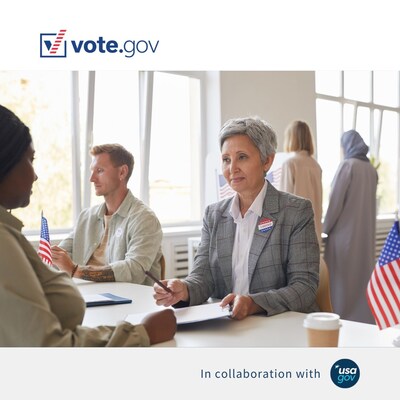 A registration clerk passes a confirmation form to an early voter at a polling place, accompanied by the vote.gov red and blue logo on a top white banner and the text “In collaboration with” next to the USAGov blue and white logo on a bottom gray banner.