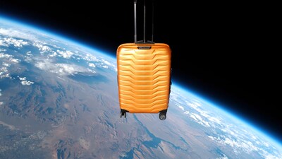 Samsonite's Proxis Carry-on Suitcase floating 130,000 feet above Earth