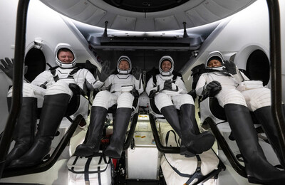 NASA’s SpaceX Crew-8 members, from left to right, Roscosmos cosmonaut Alexander Grebenkin and NASA astronauts Michael Barratt, Matthew Dominick, and Jeanette Epps, are seen inside the Dragon spacecraft shortly after having landed off the coast of Pensacola, Florida, on Oct. 25, 2024.