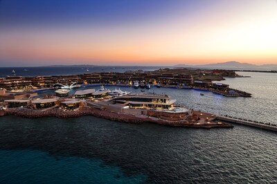 Yacht Club on NEOM's Sindalah island at sunset