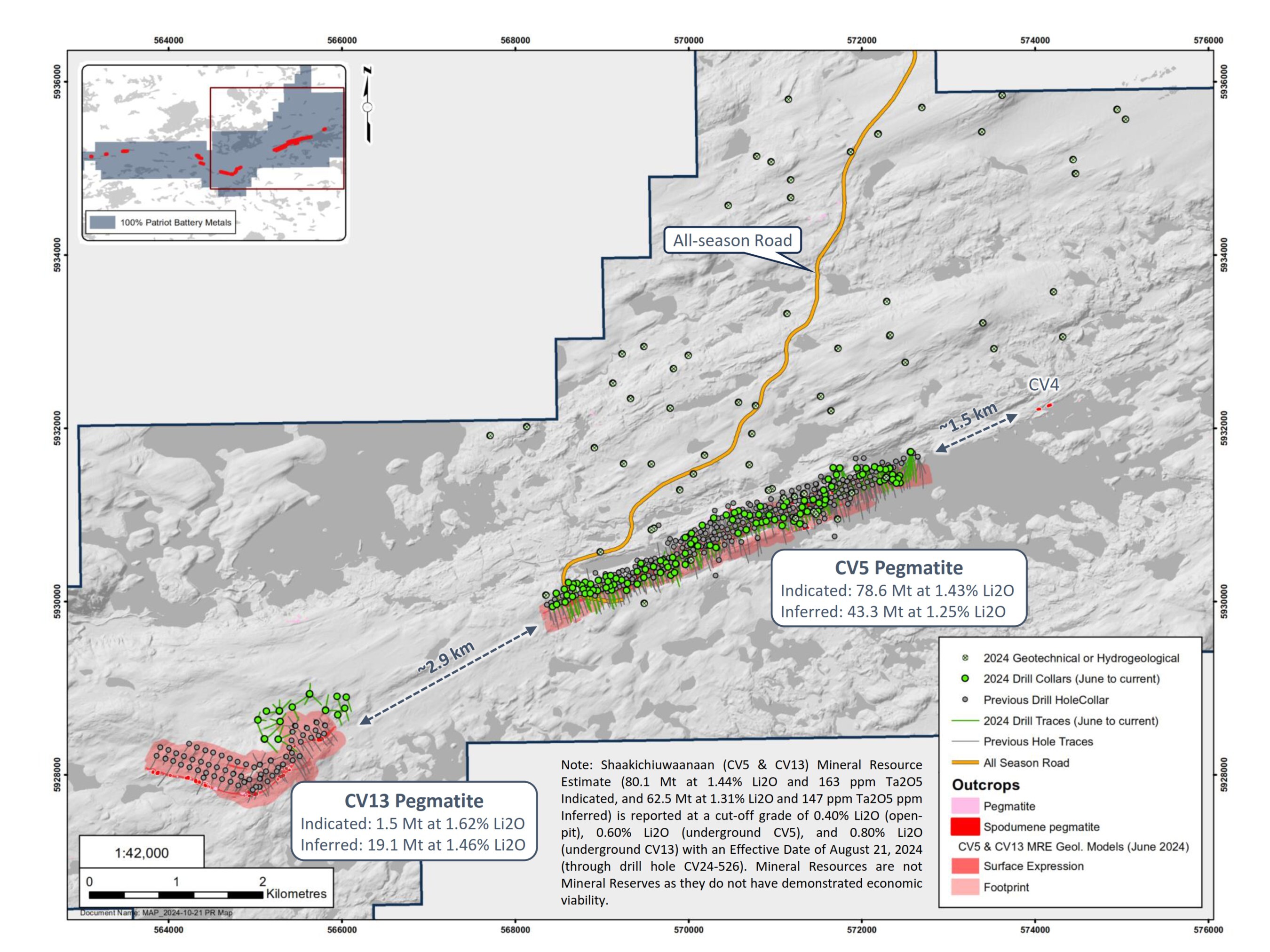 Figure 1: Drill holes completed subsequent to those included in the August 2024 MRE (green), through drill hole CV24-782. (CNW Group/Patriot Battery Metals Inc.) Figure 1: Drill holes completed subsequent to those included in the August 2024 MRE (green), through drill hole CV24-782. (CNW Group/Patriot Battery Metals Inc.)
