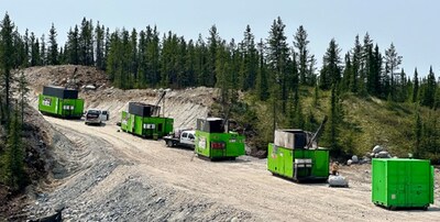 Figure 3: Four skid-mounted drill rigs ready for deployment to the southwest area of CV5 using the Company’s all-season road. No helicopter support required. (CNW Group/Patriot Battery Metals Inc.)