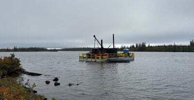 Figure 5: Barge-based drill hole CV24-697 over shallow glacial lake at CV5. (CNW Group/Patriot Battery Metals Inc.)