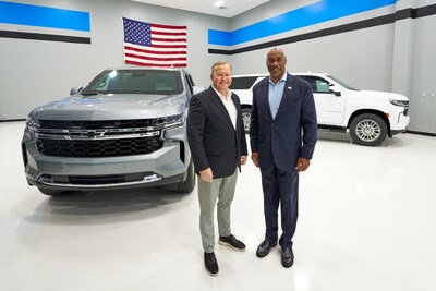 GM Defense President Steve duMont (left) and Assistant Secretary of State for Diplomatic Security Gentry Smith with the Suburban Shield on display at the GM Defense Manufacturing and Customer Innovation Center Monday, October 28, 2024 in Concord, North Carolina. (Photo by Steve Fecht for GM Defense)