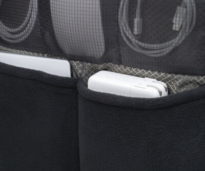 Padded pockets protect larger items like a hard drive, backup battery, or power supply.