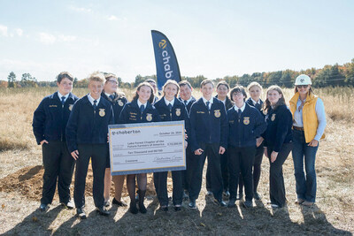 Chaberton Energy and Pivot Energy break ground at Project Crestone in Harrington, Del. During the event, Chaberton Energy through Chaberton Cares presented the Lake Forest High School Future Farmers of America (pictured) with $10,000 to help the organization build a high-tunnel greenhouse