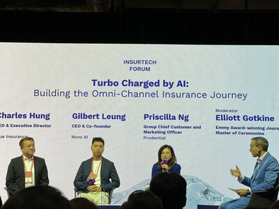 From left to right: Charles Hung, CEO of Blue Insurance; Gilbert Leung, CEO of Novo AI; Priscilla Ng, Group Chief Customer and Marketing Officer at Prudential; and Moderator Elliott Gotkine.