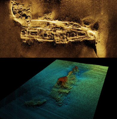 Images of the Japanese vessel Kotohira-Maru provided by ThayerMahans exceedingly high-resolution sonar. The technology enabled the identification of many smaller targets, most of which would be impossible to see using more traditional forms of remote sensing.