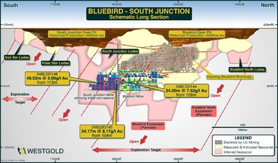 Figure 8: Bluebird-South Junction schematic long-section showing select near mine drill results in Q1 FY25. (CNW Group/Westgold Resources Limited)