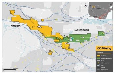 Figure 1: Kinebik Project and the Lac Esther Property (CNW Group/O3 Mining Inc.)